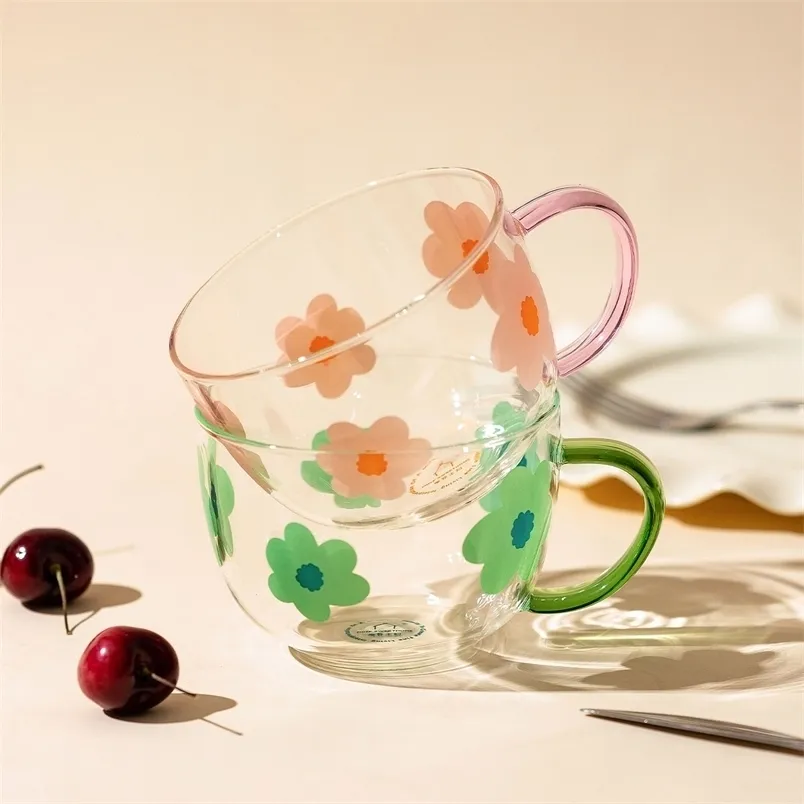 500ml Japanese Glass Milk Mug With Spoon Flower Pattern Breakfast Oats Home Kitchen Coffee Handgrip Cup Large Capacity 220311