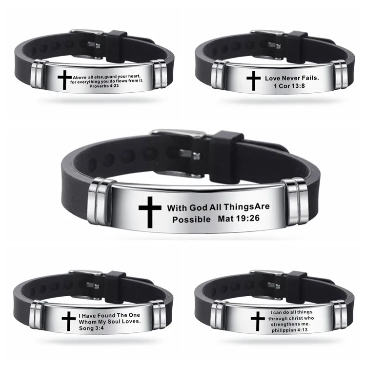 Étiquette en acier inoxydable ID Bible croix bracelets bracelet en silicone noir femmes hommes bracelet bracelet manchette bijoux de mode volonté et cadeau de sable