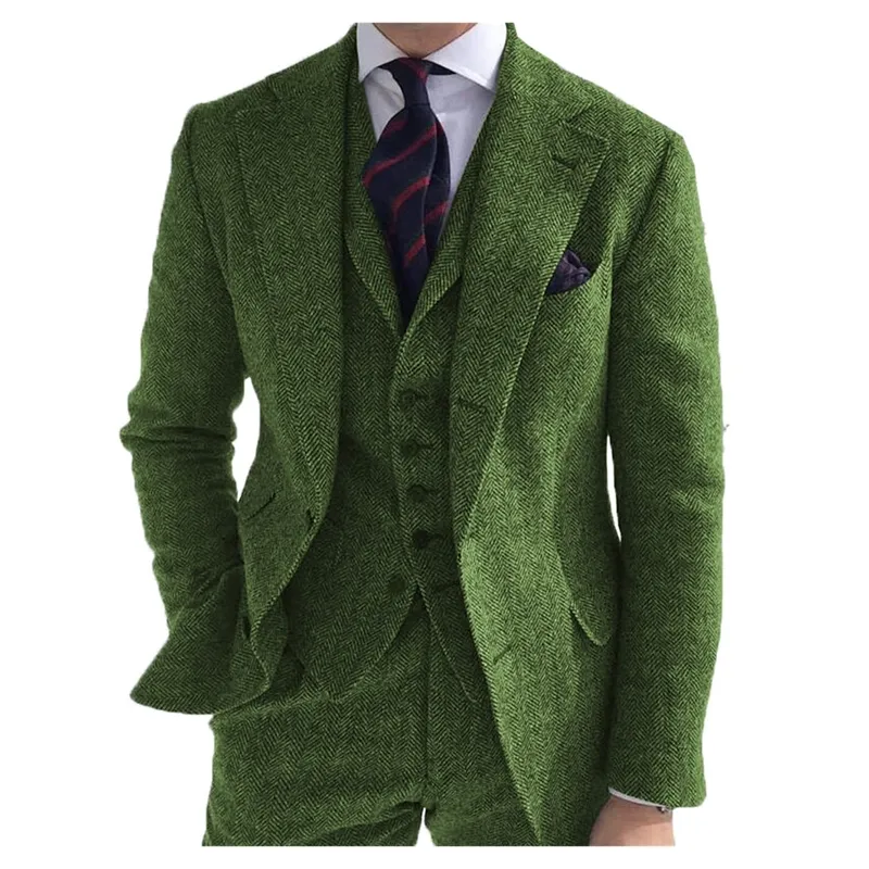 Mens Negócio 3 Peças Ternos Verde Lãs Retro Clássico Herringbone Padrão Padrão Doivo Tweed Tweed para Casamento (Blazer + Calças + Colete) 201105