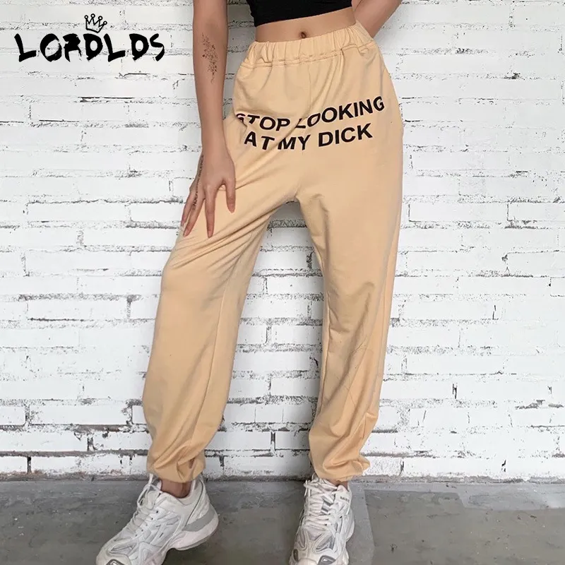 LORDLDS mujeres deja de mirar mi pene pantalones de chándal verano señoras Streetwear Hip hop pantalones joggers para mujer 201109