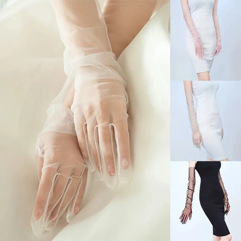 Tulle Sheer 70 cm Långt bröllop för brudklänning Sexig fast färg Transparent Ultra Thin Mitten Bridal Elbow Length Gloves Al7637