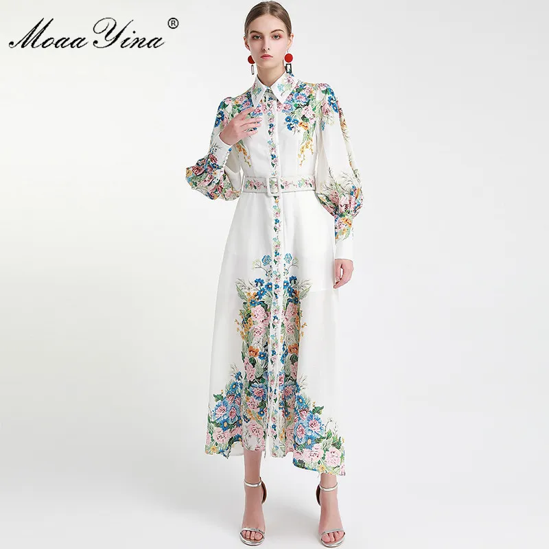 MoaaYina Fashion Designer Runway dress Primavera Autunno Women Dress Lantern Sleeve Abiti da vacanza con stampa floreale 201204