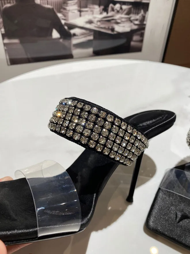 2022 fashion rhinestone embellished transparent laces high heel sandals women stiletto square toe half slippers