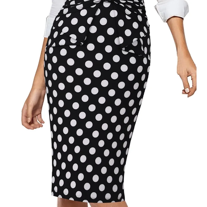 Vfemage Femmes Élégant Plissée Arc Taille Haute Rayé Patchwork Slim Casual Travail Bureau Business Party Moulante Crayon Jupe 865 201109