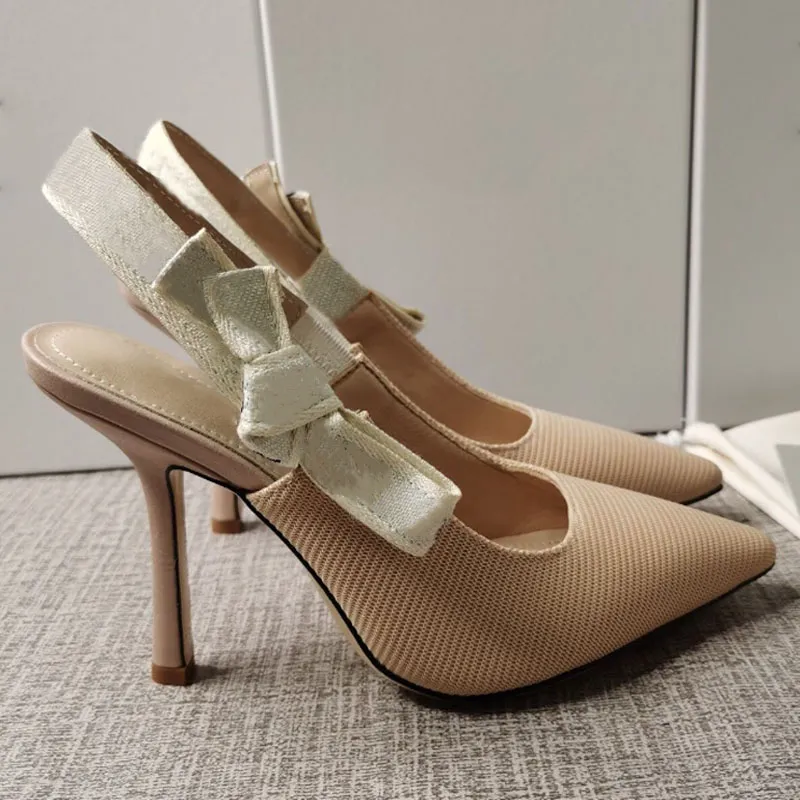 Yaz Bayanlar Sandalet Stiletto Yüksek Topuk Tasarımcı Sandalet Sivri Burun Güzel Moda Yüksek Topuklu Ilmek Tuval Kadın ayakkabı
