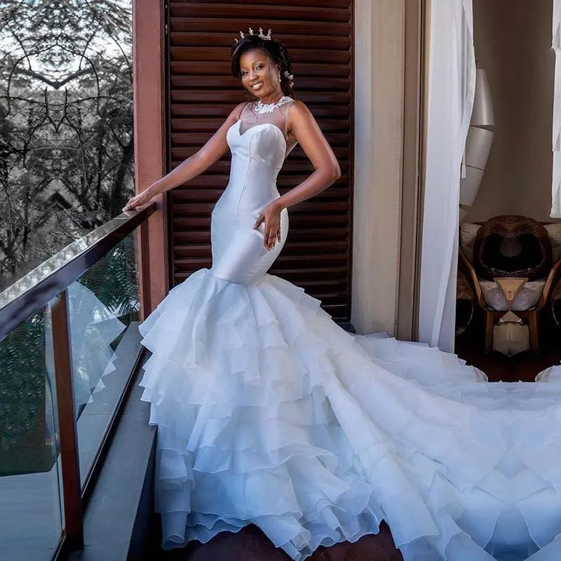 Luxury African Tiered Mermaid Wedding Dress With Long Train