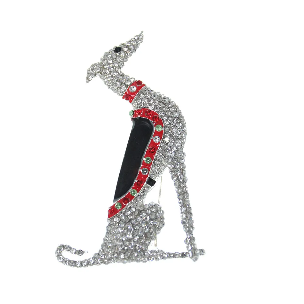 10 -stcs/ 63 mm Greyhound Dog Broche Pin Clear Rhinestone Silver Tone Black en Red Email Booches Animal Fashion Jewelry