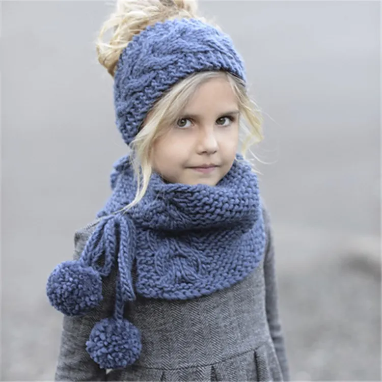 2020 Nya barns höst och vinter varm hatt stickad ull hatt härlig tjej baby hatt halsduk stickat hårband + nacke
