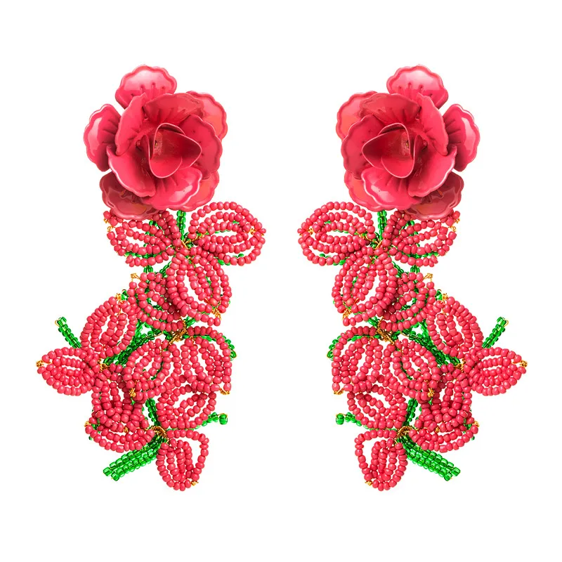 Nuovo designer di marca Orecchini pendenti Gioielli Personalità Perline fiore rosa intenso Nappa Grande dichiarazione Fashion Party Women Ciondola i regali dell'orecchino