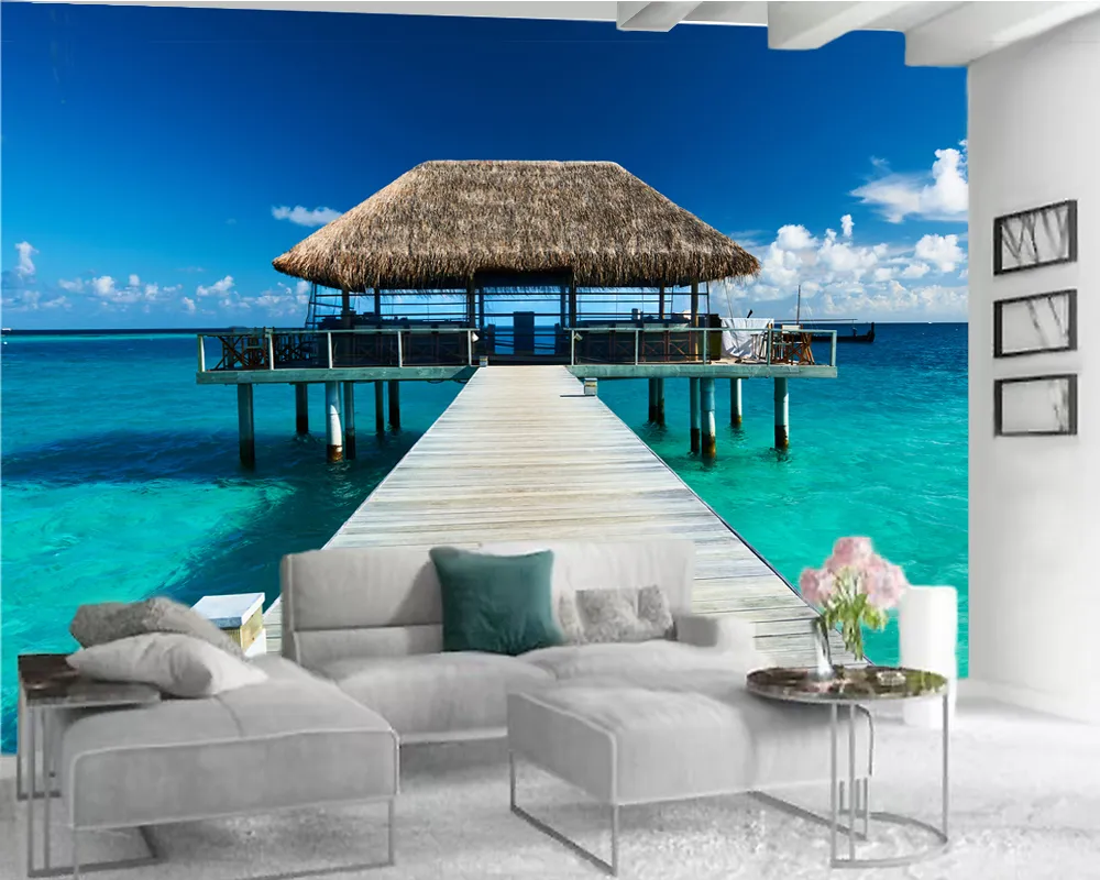 Пользовательские 3d обои Морской пейзаж Романтическое море соломой дом Романтический пейзаж Декоративные 3d обои для стен Luxury
