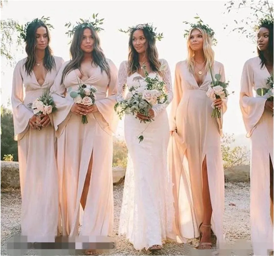 2021 Blush Pink Bridesmaid Dresses Empire Midja Pregant Side Slit Chiffon Long Poet Sleeves Custom Made Maid of Honor Gown Country Wedding 401 401