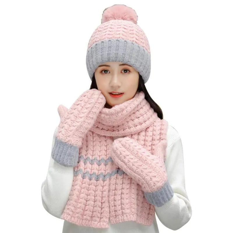 Hot Sale-2020 Winter Fashion Pompom Women Hats Scarf Gloves Set Girls Hat Caps Ski Beanies Skullies Warm Velvet Thick Winter Beanies Hat