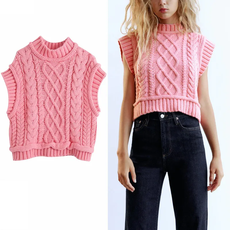 Za Knit Sweater Vest Women High Collar Sleeveless Cable Knitted Top Female Chic Casual Autumn Pink Pullover 201130