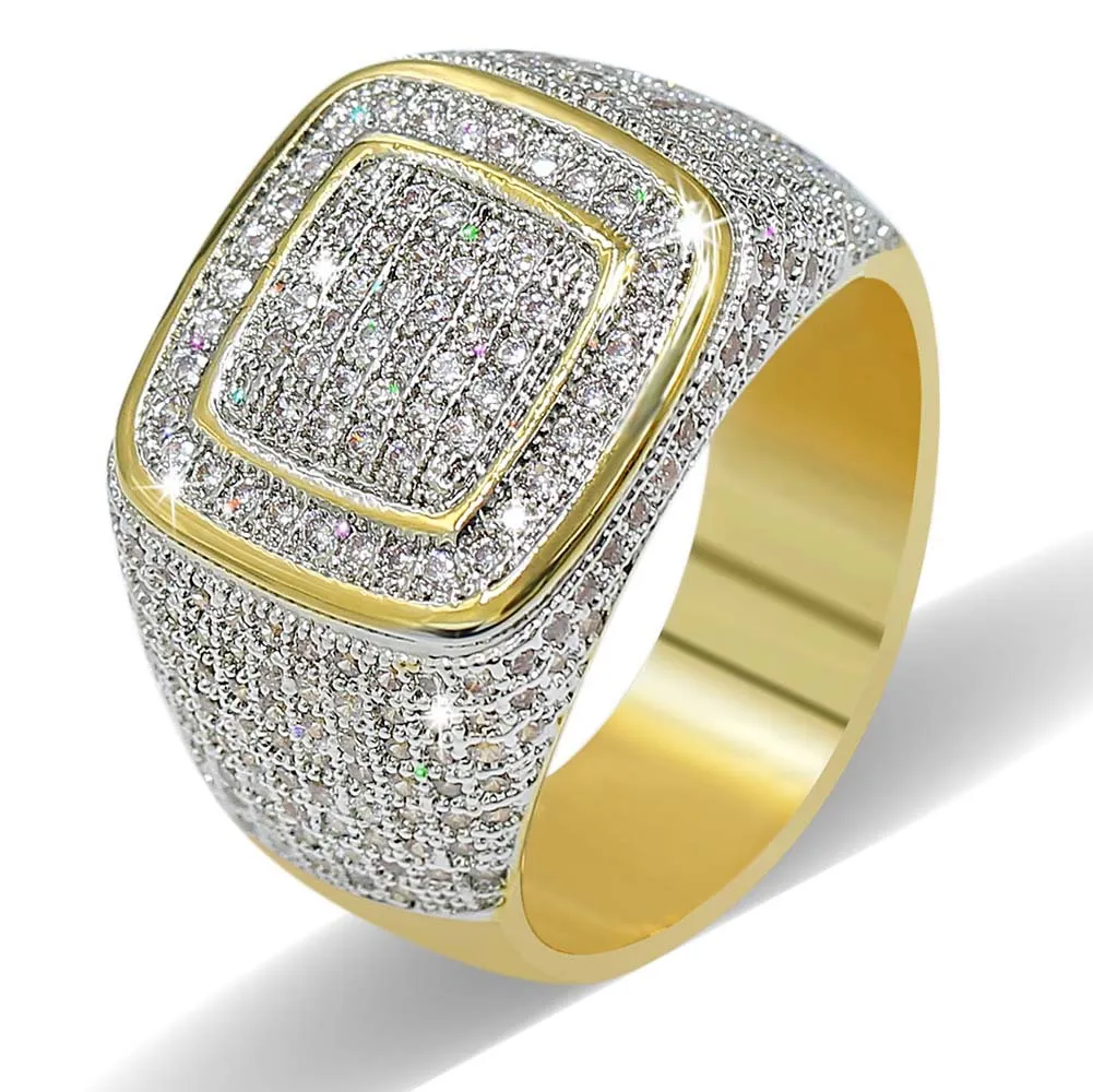 Hiphop CZ Diamond Rings for Mens Full Diamond Square Gold Plated Jewelriy2694