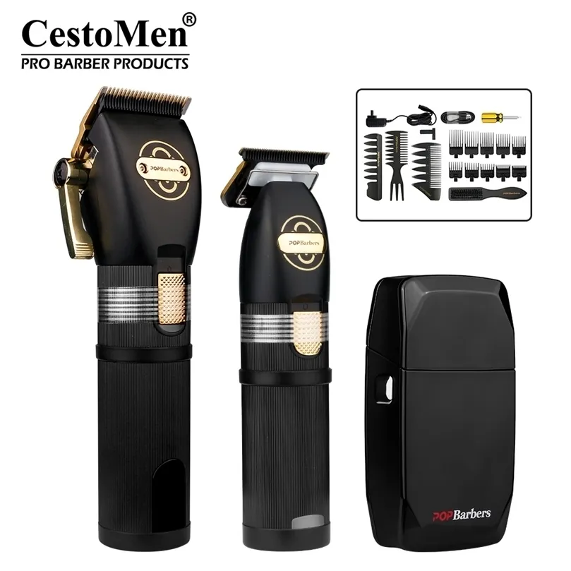 CestoMen Luxury 3pcs POP Barbers Hair Clipper Set Cordless Electric Trimmer Shaver Barber Haircut Tools With Comb Brush 220312