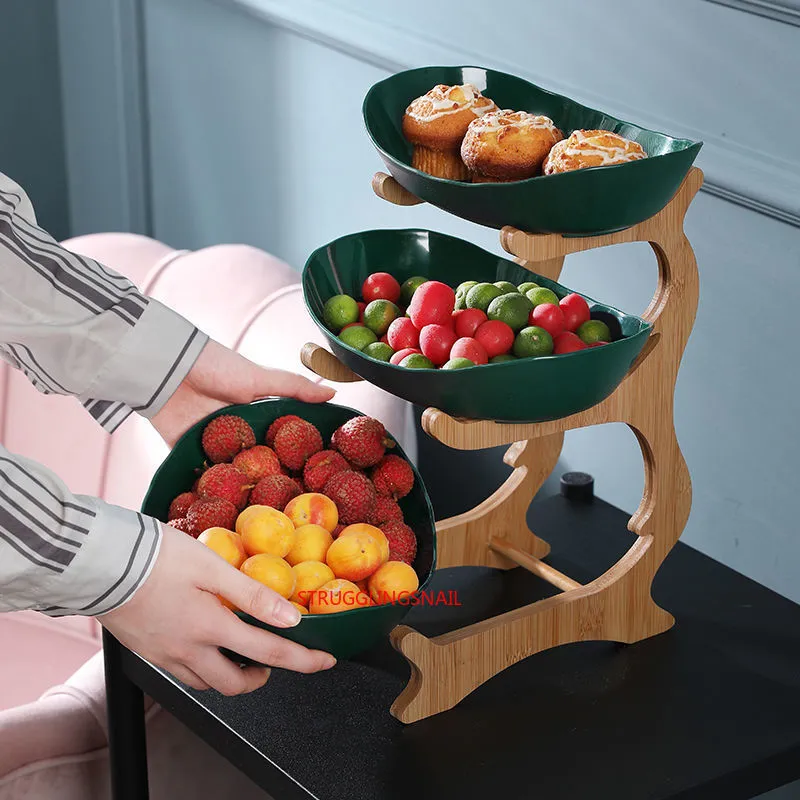 Plastic Fruit Serving Platters with 2 3 Tier Wood Holder Oval Shape Multipurpose Party Serving Tray Food Display Stand for Snacks Candy 2024