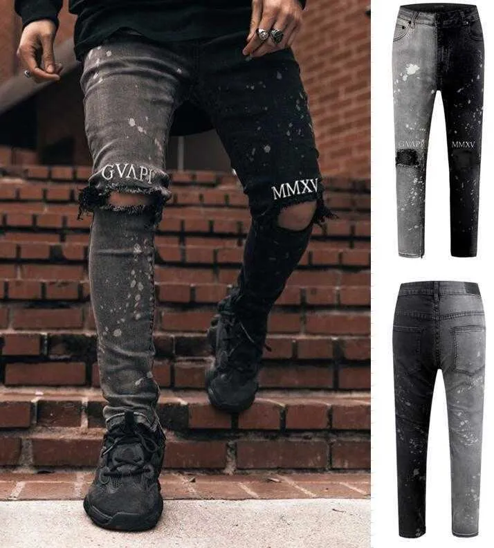 Jeans masculinos goapi caju salpicado bordado contraste preto e branco cor combinando jeans lavado buracos gato barba zipper jeans