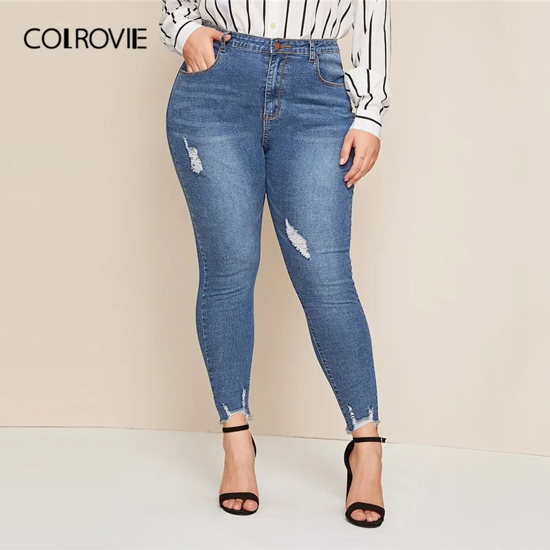 Colrovie Plus Ripped Frayed Kant Skinny Jeans Kvinnor Höstknapp Fluga Blå Jeans Casual Ladies Stretchy Denim Pants 201106