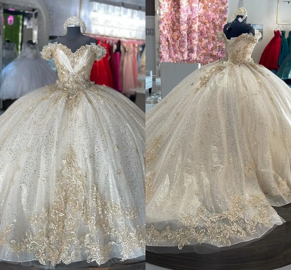 Роскошное шампанское Quinceanera платья с платья на плечевом бальном платье из бисера аппликации принцессы сладкие 16 Vestidos de 15 Anos 2022
