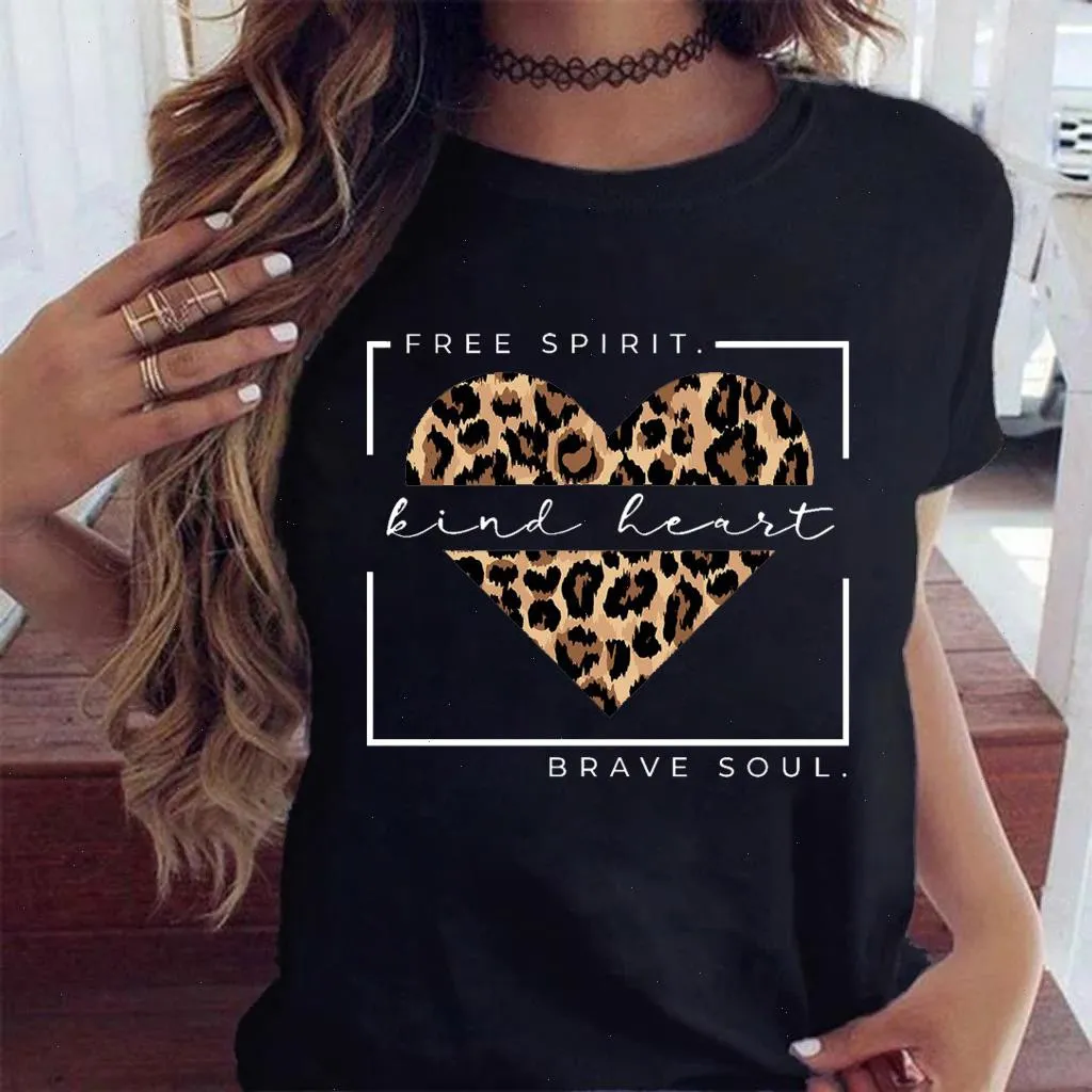 Wvioce kvinnor leopard kärlek hjärta t-shirts mode casual gullig tecknad tryckta kläder utskrift kvinnliga topp damer grafisk t-shirt 26662