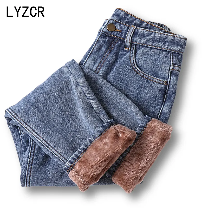 LYZCR Hiver Jeans Femme Vintage Velours Chaud Harem Jeans Polaire Maman Lâche Taille Haute Femmes Boyfriend Jeans Pour Femmes 201029