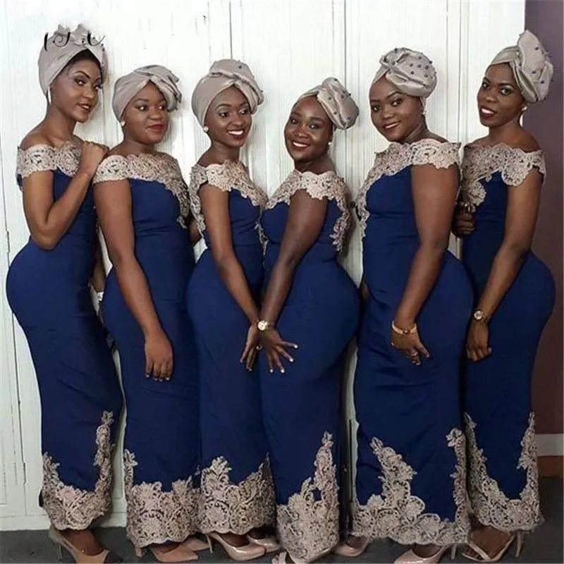 Navy Blue African Bridesmaid Dresses Golden Lace Off The Shoulder