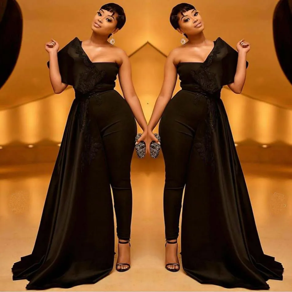 Black Plus Size Jumpsuit Formal Evening Dresses With Shawl Unique One Shoulder Designer Open Back Dubai Abaya Kaftan Dresses Party Prom