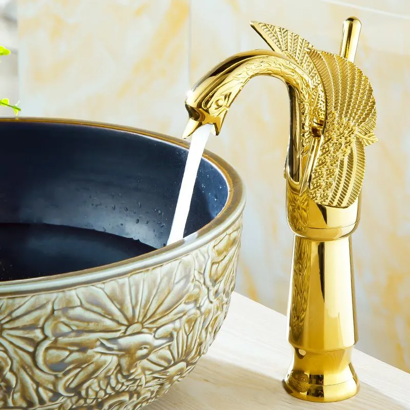 Golden Swan Faucet Solid Brass Leading Faucet Copper Single Hole Wash Basin Gilt Gold Basin A982