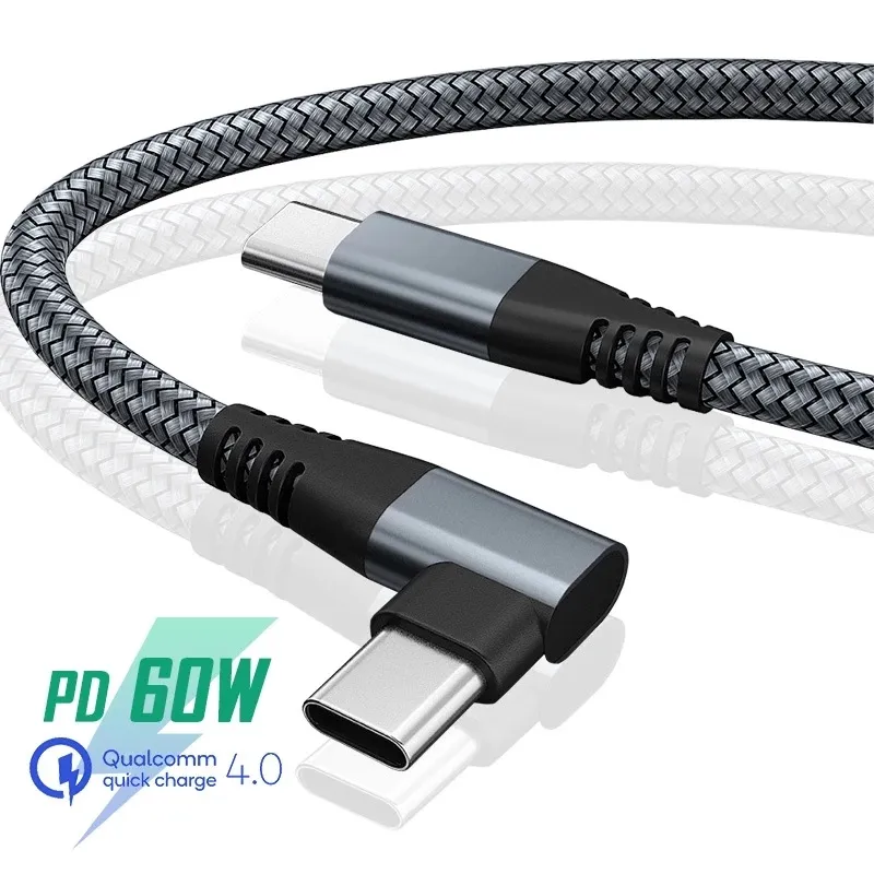 60W PD USB Type C to Type-c Cable 90 Degree L Shape Fast Charging Cable for Macbook Mobile Phone 3A Dual Tipo-c Right Angle Elbow Data Cord 1m/2m/3