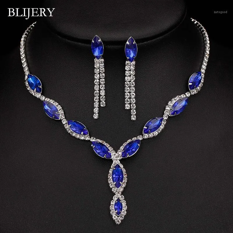 BLIJERY, conjuntos de joyería de boda de cristal azul real chapado en plata para mujer, collar largo con borla de hoja, pendientes, conjuntos de joyería nupcial 1