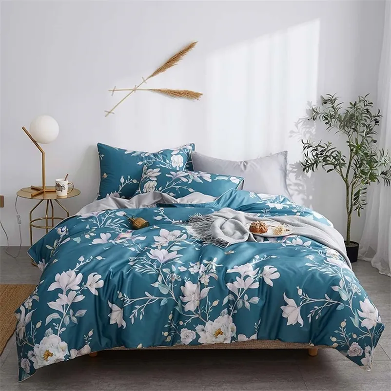 Svetanya Fleurs blanches Feuilles bleues Housse de couette Ensemble de luxe en coton égyptien Linge de lit Queen Size Ensemble de literie Drap-housse 201021