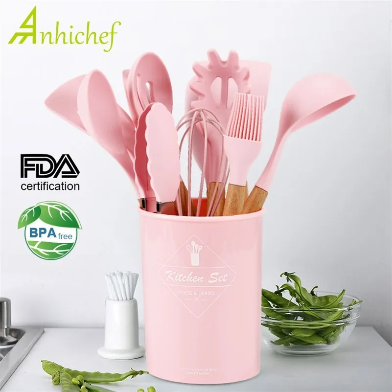 Cuisine Silicone Ustensiles De Cuisine Set Spatule Antiadhésive Pelle Manche En Bois Outils De Cuisine Set Avec Boîte De Rangement Cuisine Outils 201223