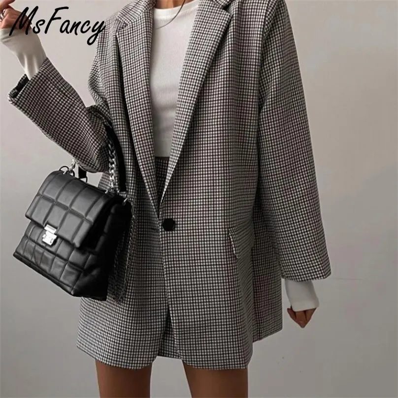 Msfancy Plaid costume femmes mode Vintage Blazer jupe ensemble Mujer printemps décontracté Tailleur Femme Mini 2 pièces 220302