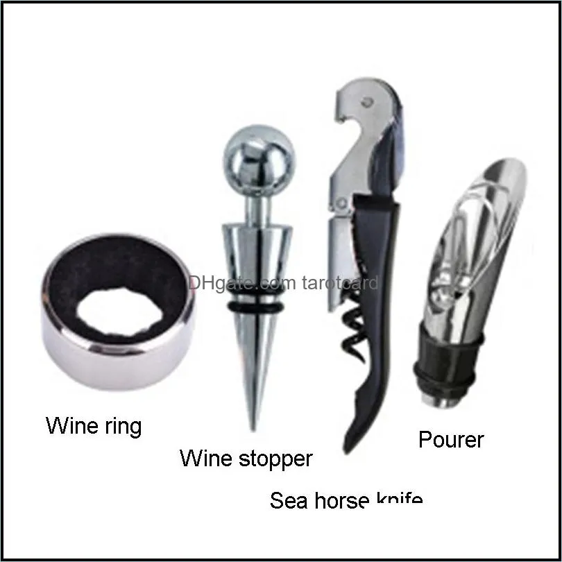 4 Piece Set Stainless Steel Wine Bottle Opener Set Hippocampus Knife Stopper Pourer Accessories Home Supplies Bar Counter Tools