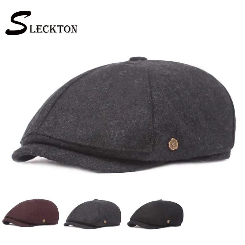 Berets SLECKTON Fedora Peaked Cap Mode Baskenmütze Flache Sboy Retro Achteckige Hut Schwarz Casual Herren Hüte Visier Baker Boy