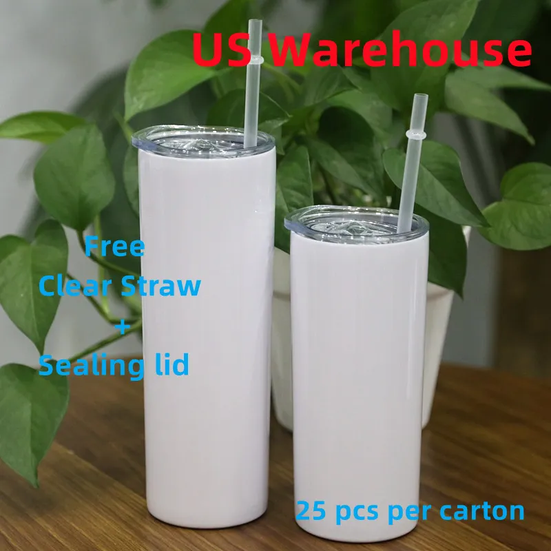 US Warehouse 20oz proste chude kubki do sublimacji z przezroczystą słomkową pokrywką uszczelniającą stal nierdzewna błyszczący pusty biały podwójna ściana izolowany próżniowo kubek podróżny B6