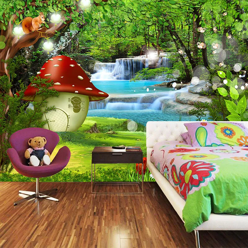 Foto feita sob encomenda 3D Wallpaper For Kids quarto dos desenhos animados Crianças Green Forest Decoração Mural de Fundo Bedroom Walls
