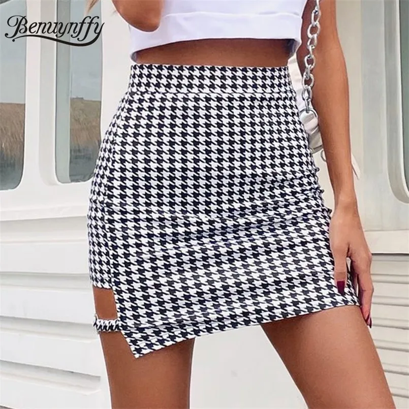 Benuynffy svartvit Houndstooth Print kjolar Kvinnor Summer Fashion High midja Skuret ut Bodycon Mini kjol Kvinna 220221