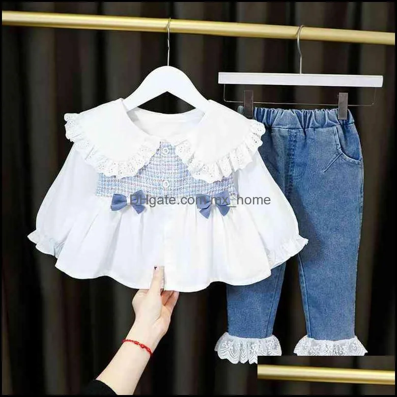 Long Sleeves Clothing Girls Dress Fashion Lotus Leaf Collar Shirt 2 Pcs set Children Costume For 1 2 3 4 Years