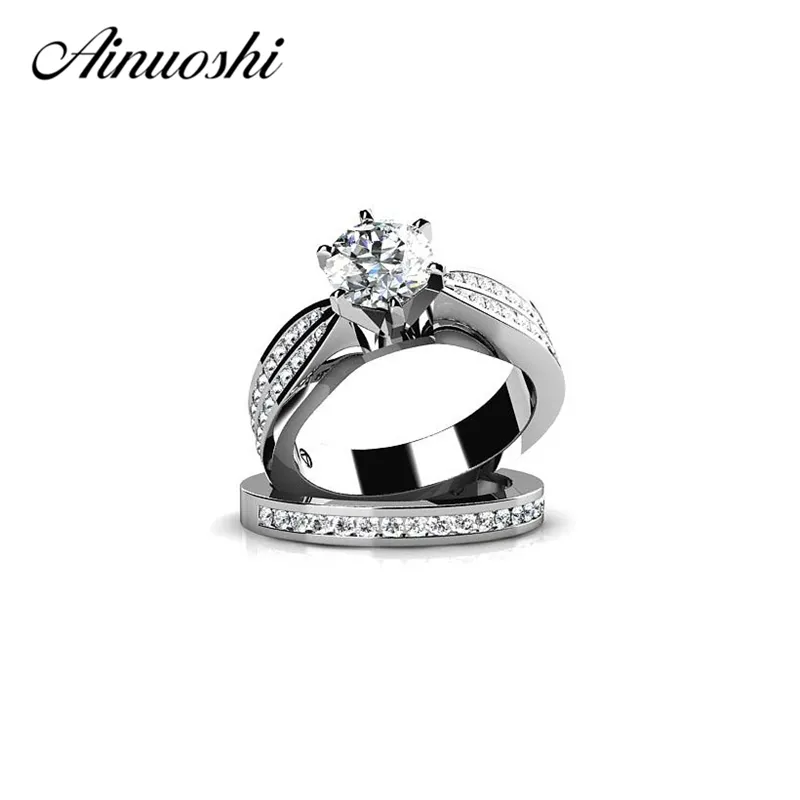 Ainuoshi 925 Sterling Silver Women Förlovningsringar Set 1 karat runda klippta zirkonmodelsmycken aneis feminino för årsdagen Y200106