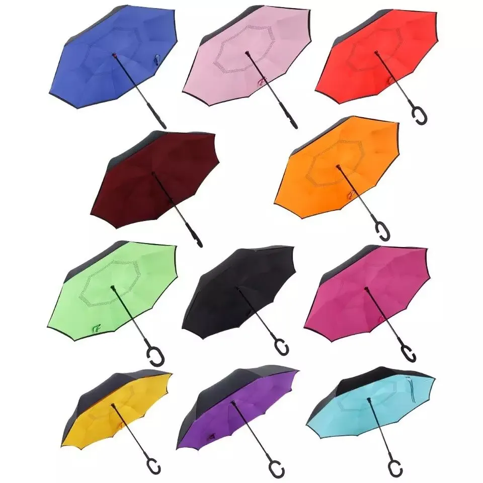 Rüzgar Geçirmez Ters Katlanır Çift Katmanlı Ters Şemsiye Kendi Kendini Standı Içinde Yağmur Koruma C-Kanca Eller Araba LLS596