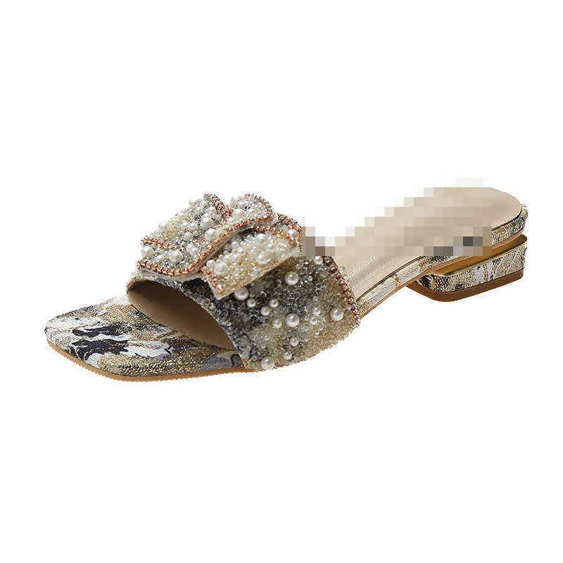 Sandals for women to wear summer square head low heel Korean pearl bow printed open toe flip flops