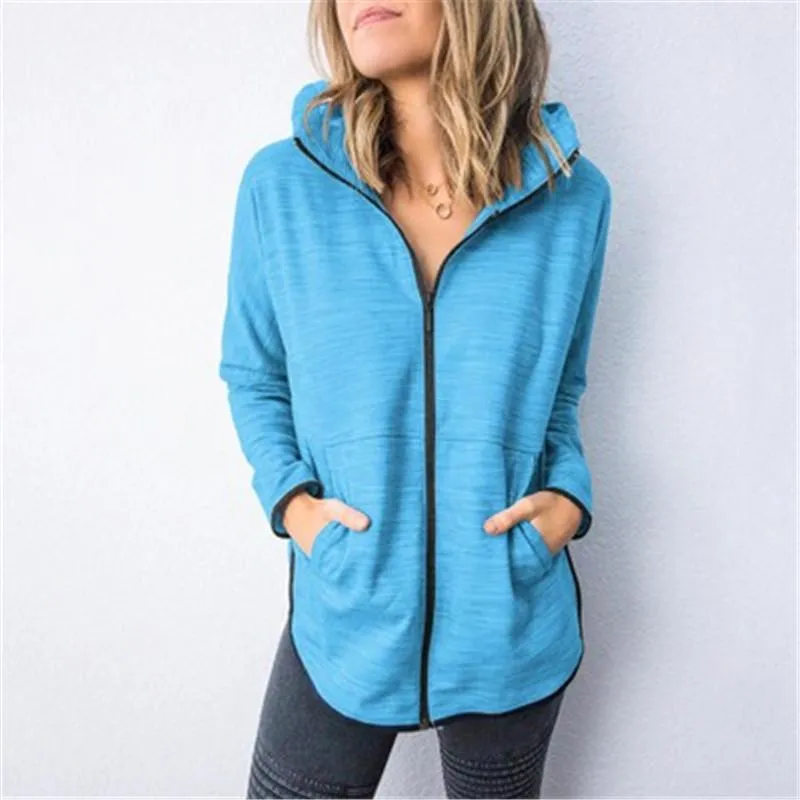 Ladies Solid Color Outerwear Fashion Trend Long Sleeve Cardigan Zipper Hooded Coats Designer Female Autumn New Pocket Casual Loose Jackets