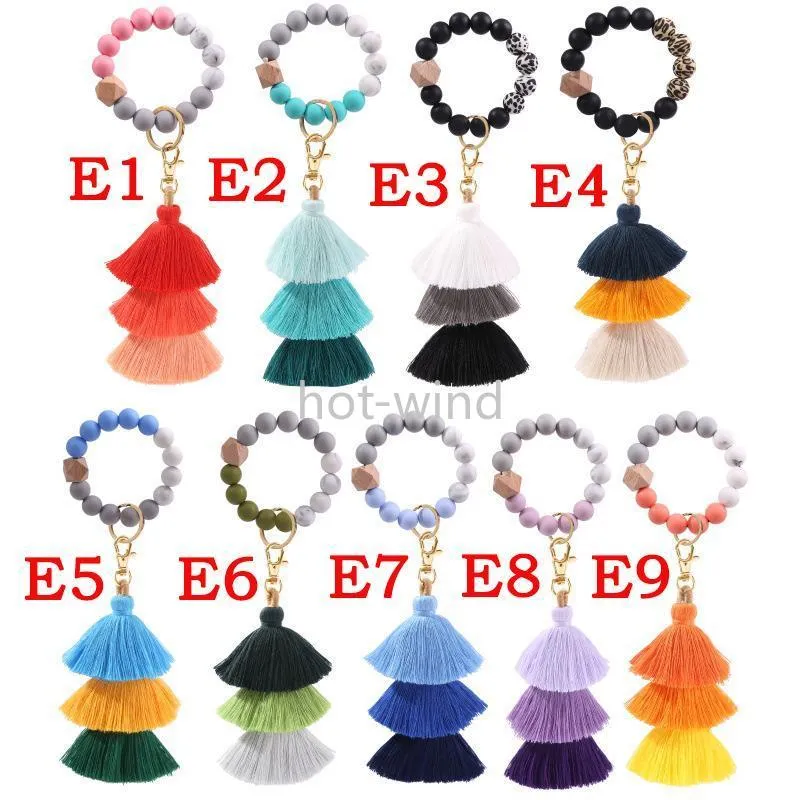 Novos contas de silicone pulseira keychain três camadas de algodão tassel pulso keyring de madeira bordas de madeira anel chave saco de mulheres pendant EE0216