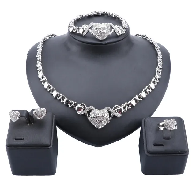 Women Jewelry Set Chain Choker Statement Crystal Heart Love You Pendant Necklace Earring Bracelet Ring Bridal Costume Jewellry Sets