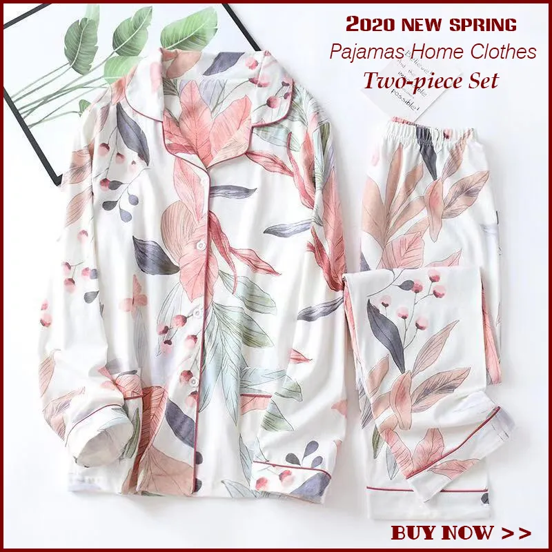 2020-Spring-Leaves-Printed-Women-s-Pajama-Cotton-Plus-Size-Two-piece-Set-Brief-Fashion-Long
