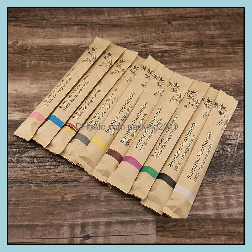 Kraft Packaging Bamboo Toothbrush Hotel Travel Flat Handle Bamboo Charcoal Bristles Soft Gingiva Protection Eco Friendly