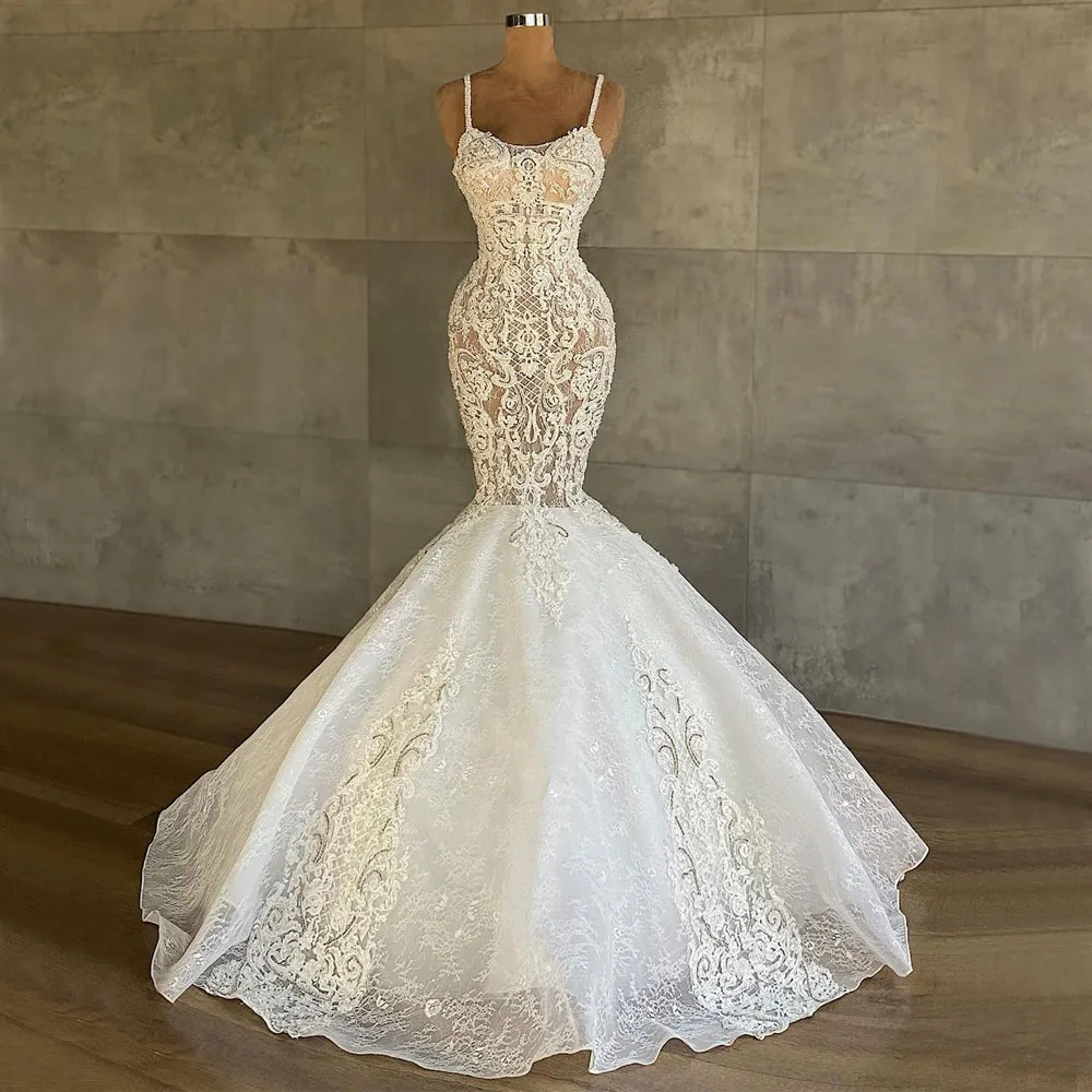 Magnifique dentelle sirène perlée robes de mariée bretelles Spaghetti cou grande taille robes de mariée balayage Train robe de mari￩e