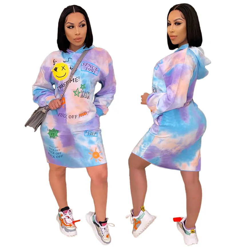 Plus size Women 3XL dresses hoodies skirts long sleeve hooded sports dress fashion fall winter clothing letter print tie dye dress 4416