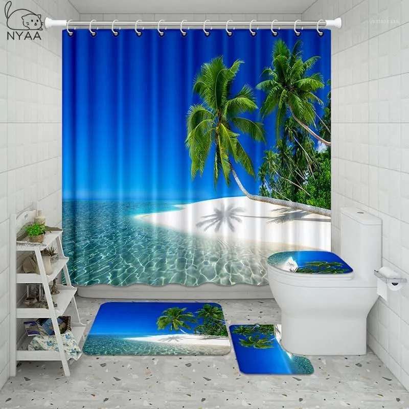 Ensemble d'accessoires de bain Vixm Beach Scenery Salle de bain Rideau de douche imperméable Tapis de piédestal Couvercle Tapis Couverture de toilette Mat1